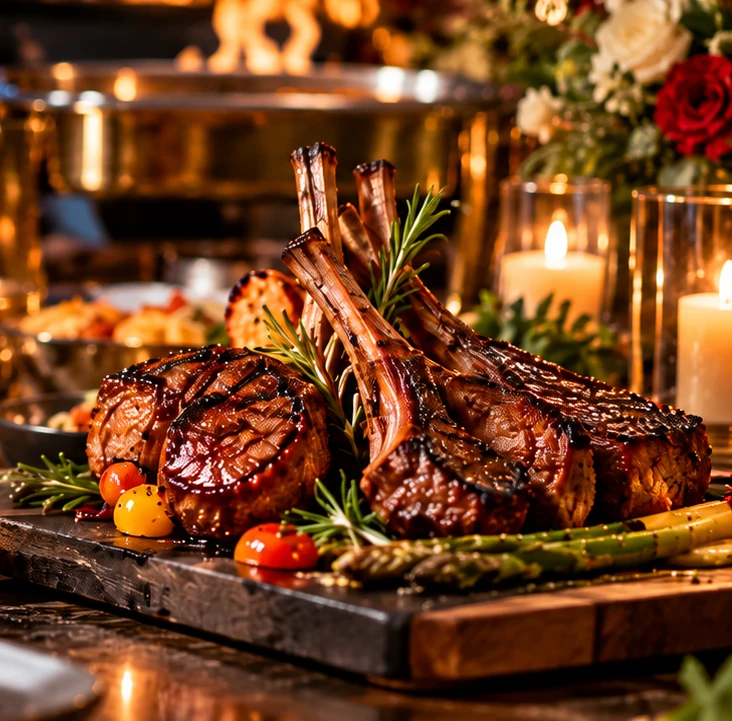 Warmly lit catering table with grilled chops, vegetables, and celebration details