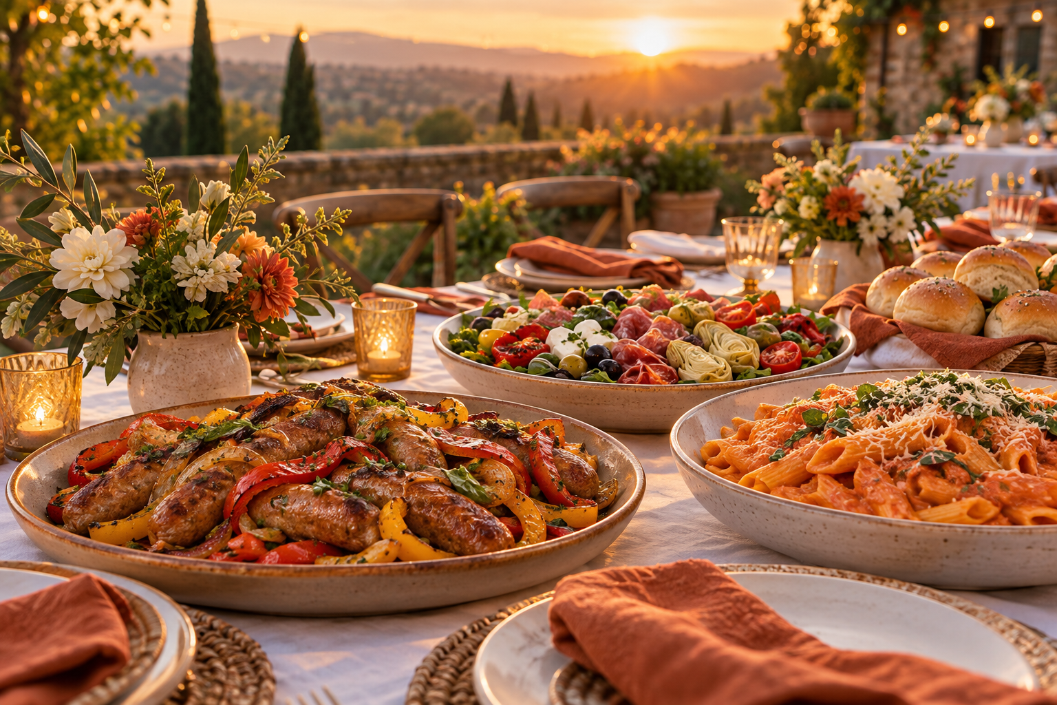 Outdoor celebration table with sausage and peppers, penne, antipasto salad, and rolls